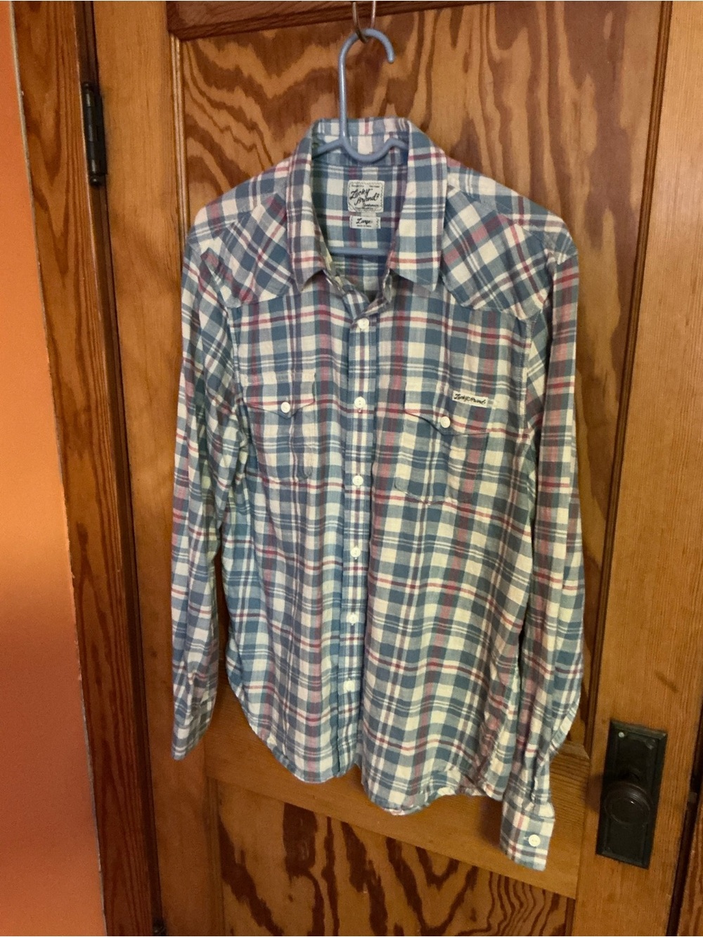 Lucky Brand Western Plaid Pearl Snap Button Up Shirt Large Blue Red Cotton - Picture 8 of 10